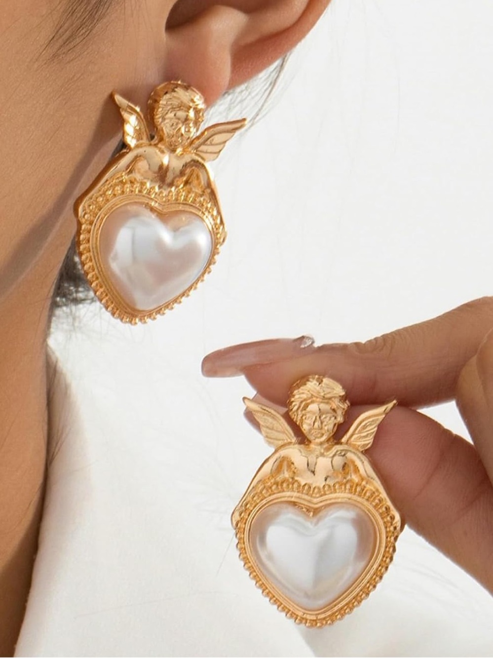 Anthropologie Gold Angel Heart Earrings with Pearl Heart